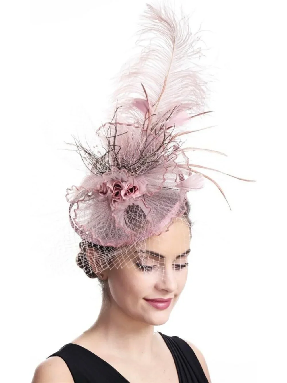 Elegant Women's Fascinator Hair Clip - Bowler Hat with Feather Flower & Veil for
